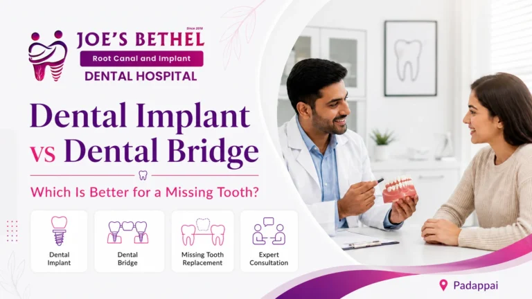 Dentist explaining dental implant and dental bridge treatment options to a patient at Joe's Bethel Root Canal and Implant Dental Hospital in Padappai.