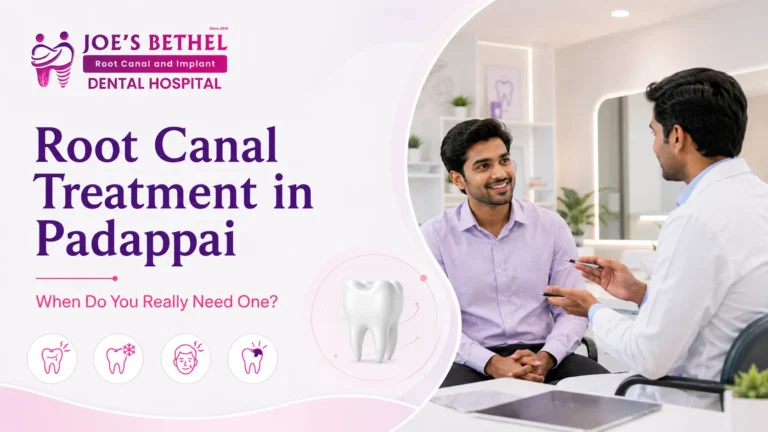 Patient consulting a dentist about root canal treatment at Joe's Bethel Root Canal and Implant Dental Hospital in Padappai.