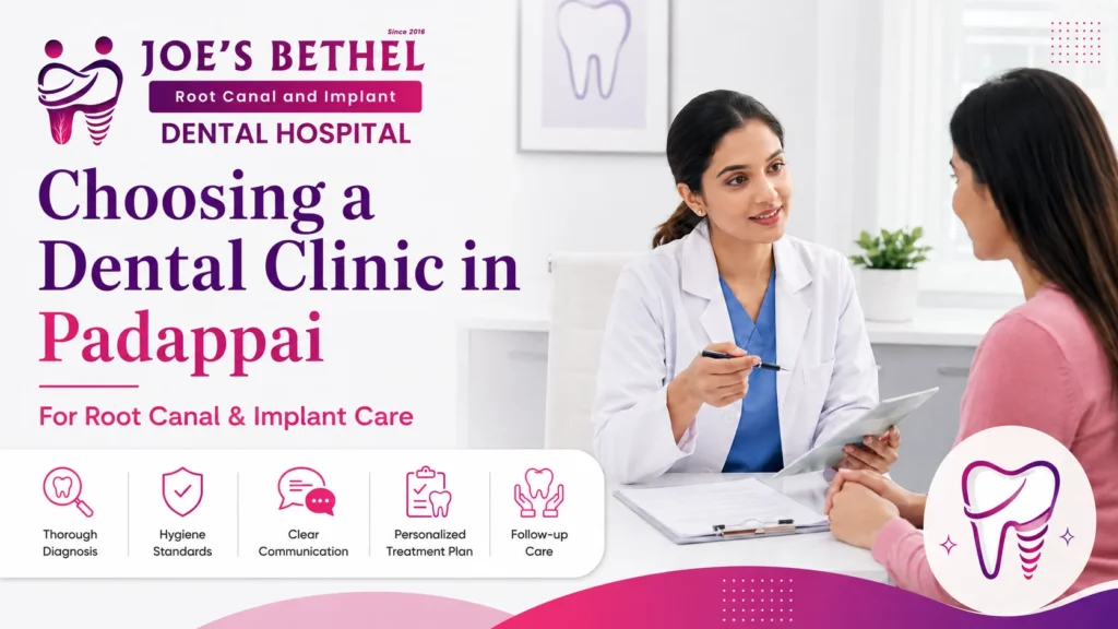 Dentist discussing treatment options with a patient at Joe's Bethel Root Canal and Implant Dental Hospital in Padappai.