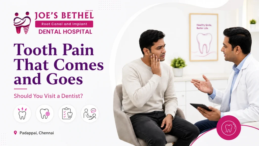 Patient experiencing tooth pain while consulting a dentist at Joe's Bethel Root Canal and Implant Dental Hospital in Padappai.